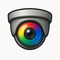 3D turret-style security camera logo with a glossy gray housing and a vibrant rainbow-colored lens, symbolizing full-color CCTV technology and 24/7 color vision, displayed on a clean white background.