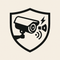 shield logo symbolizing Active Deterrence, featuring a security camera with flashing light and sound wave icons representing proactive threat prevention