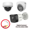 Collection of Hikvision digital security cameras including dome, turret, and bullet models with TVI, CVI, AHD, and CVBS compatibility, shown with a coaxial BNC connector cable.
