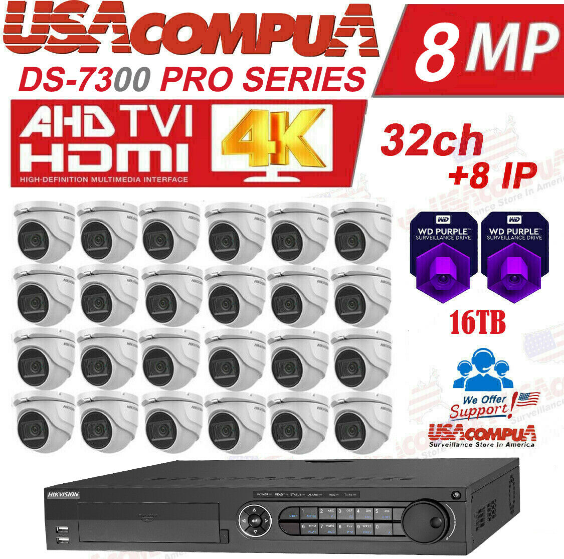 Hikvision 32 CH DVR 24 MINI DOME 8MP SECURITY SYSTEM KIT 16TB HARD DISK