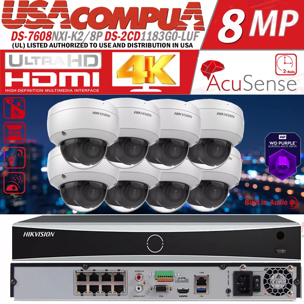 Hikvision Acusense 8CH 8PoE NVR 4mp Mic IR IP Camera CCTV System H265+ WDR Lot