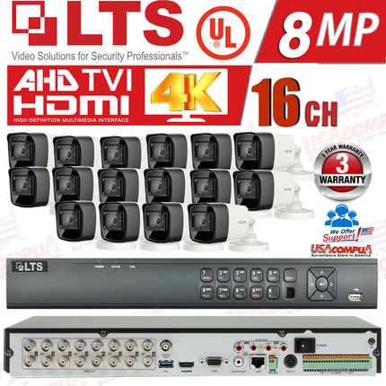 LTS+HIKVISION 16Ch Security Cameras System Bullet 8 Megapixel H.265+ 4K/HDD IP67