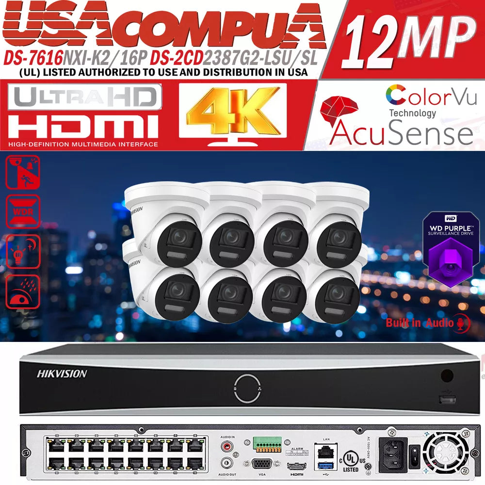 Hikvision 4K 16CH IP Security Camera System Kit 2-Way Audio ColorVu 8MP Lot D3