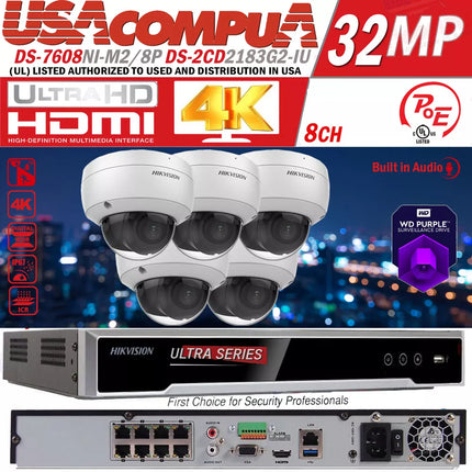 Hikvision 8CH 32MP Security ip Camera System W/ 8MP Dome DS-2CD2183G2-IU