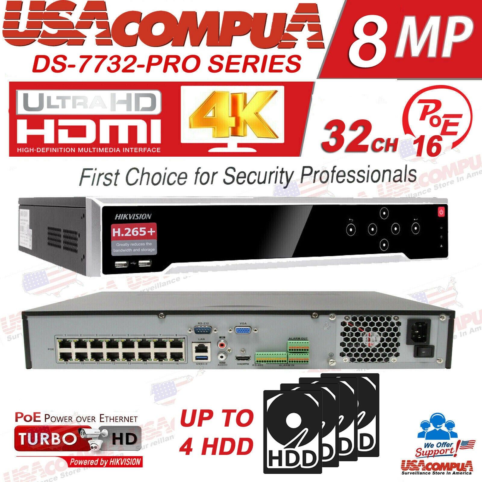DS-7732NI-Q4/16P No Hard Drive H265 Hikvision 32 Channel 4K 8MP NVR w/ 16 CH POE