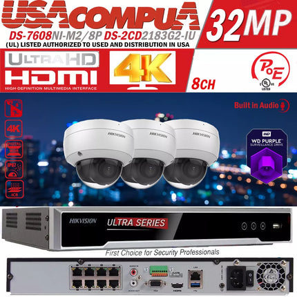 Hikvision 8CH 32MP Security ip Camera System W/ 8MP Dome DS-2CD2183G2-IU