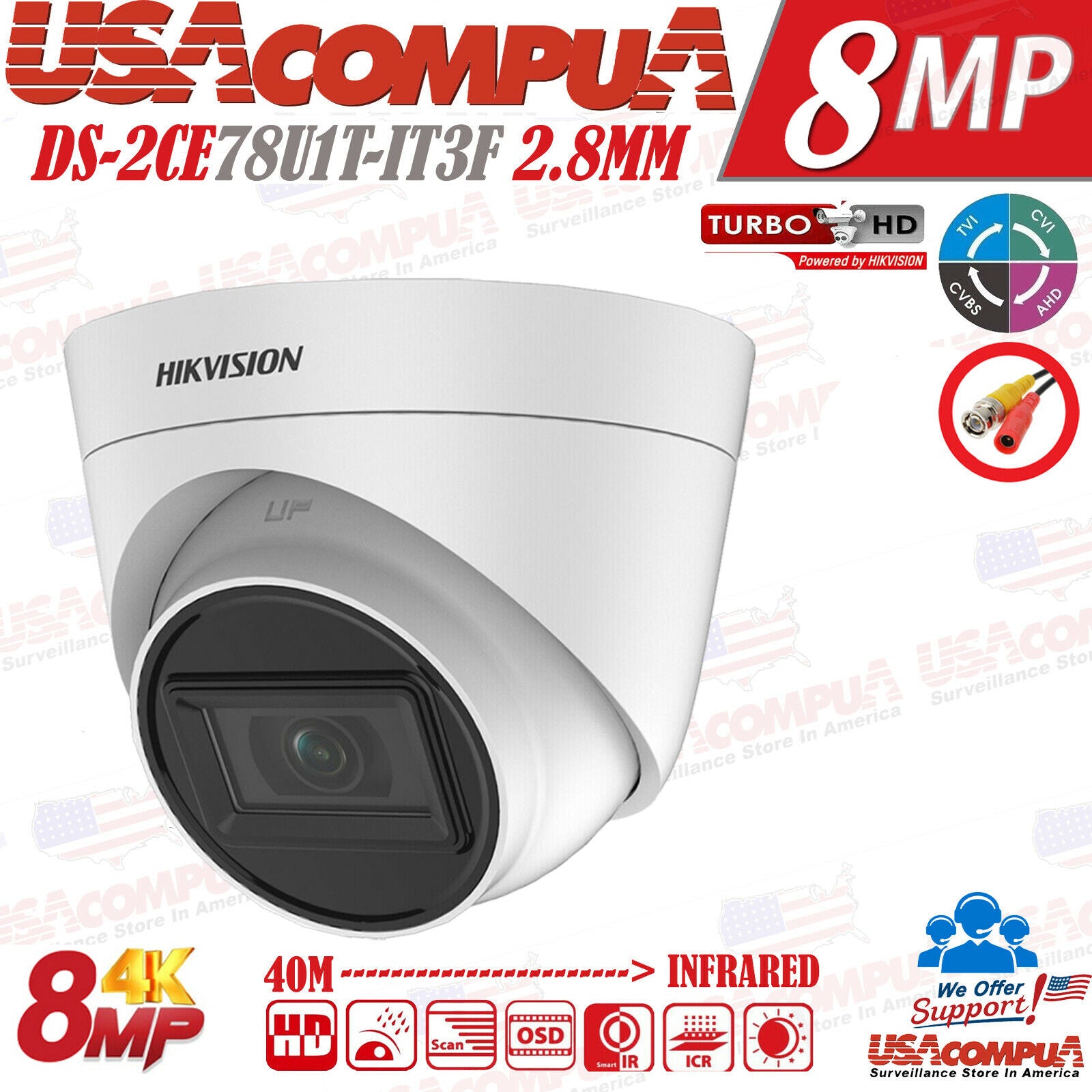 DS-2CE78U1T-IT3F Hikvision 8MP 4K Turret Camera TurboHD Analog Outdoor IR 2.8mm