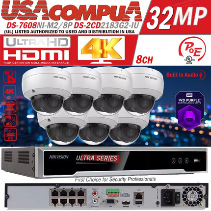 Hikvision 8CH 32MP Security ip Camera System W/ 8MP Dome DS-2CD2183G2-IU