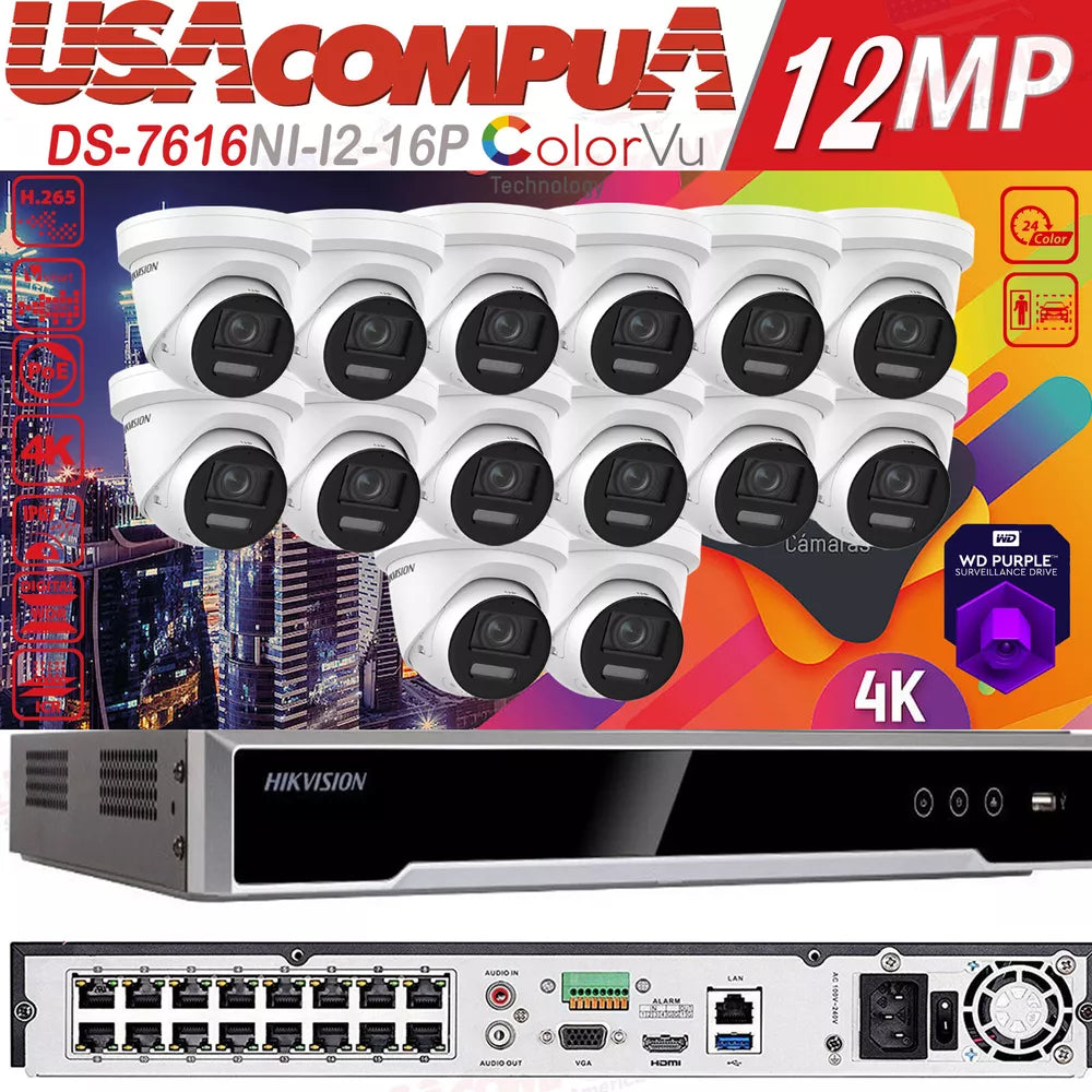 Hikvision 4K 16CH 12MP CCTV Security Camera System ColorVu W/Audio 2 Way Audio