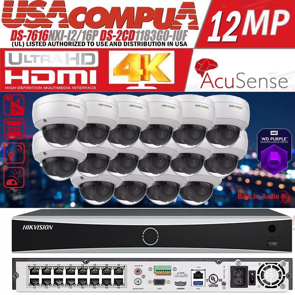 Hikvision 12MP NVR 16CH IP Security Camera system 4K 8MP Audio / Vandal Lot