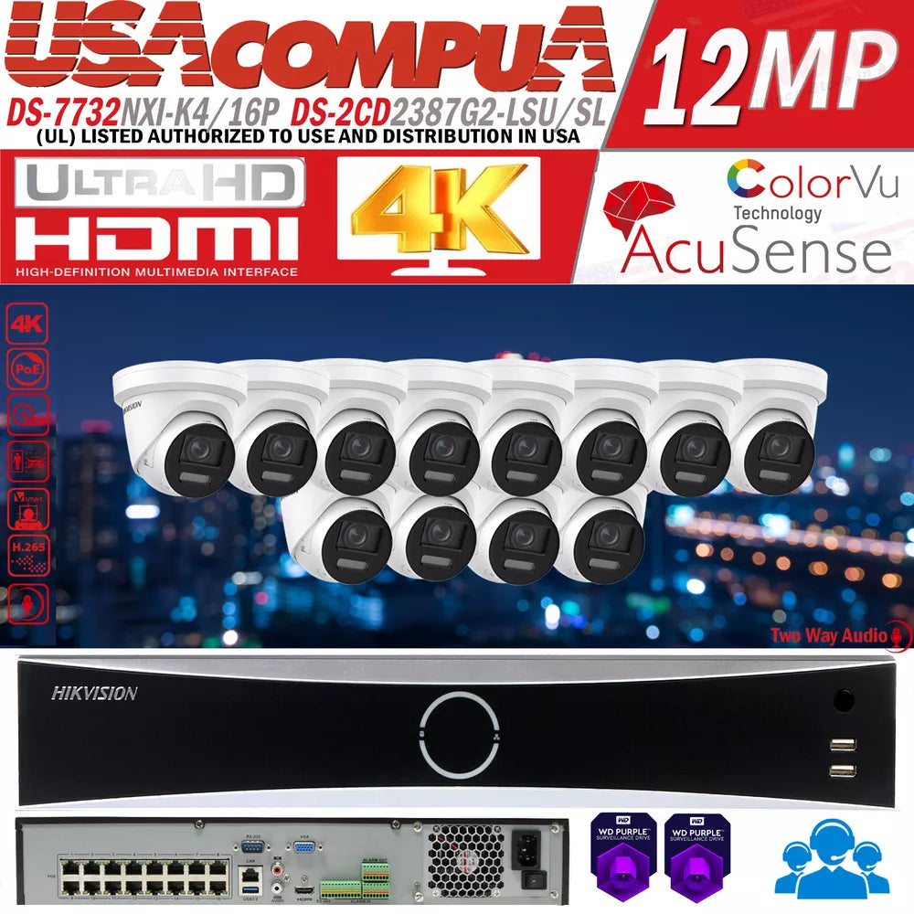 Hikvision 32Ch 16Poe Nvr 8Mp Ds-2Cd2387G2-Lsu/Sl Ip Camera System Colorvu Lot