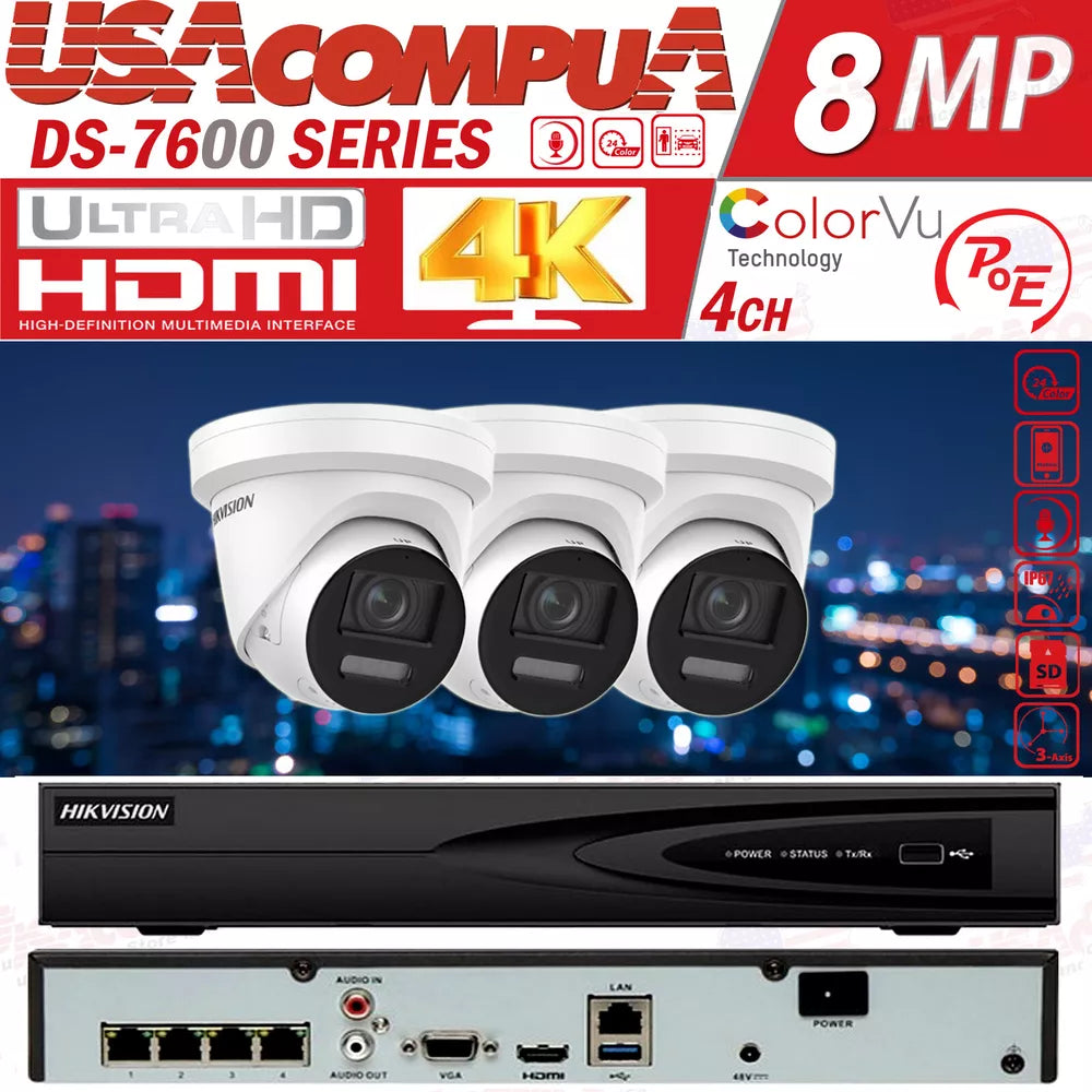 Hikvision 4CH 8MP IP CCTV Camera System PoE NVR 4K PColorVu 2 Way Audio