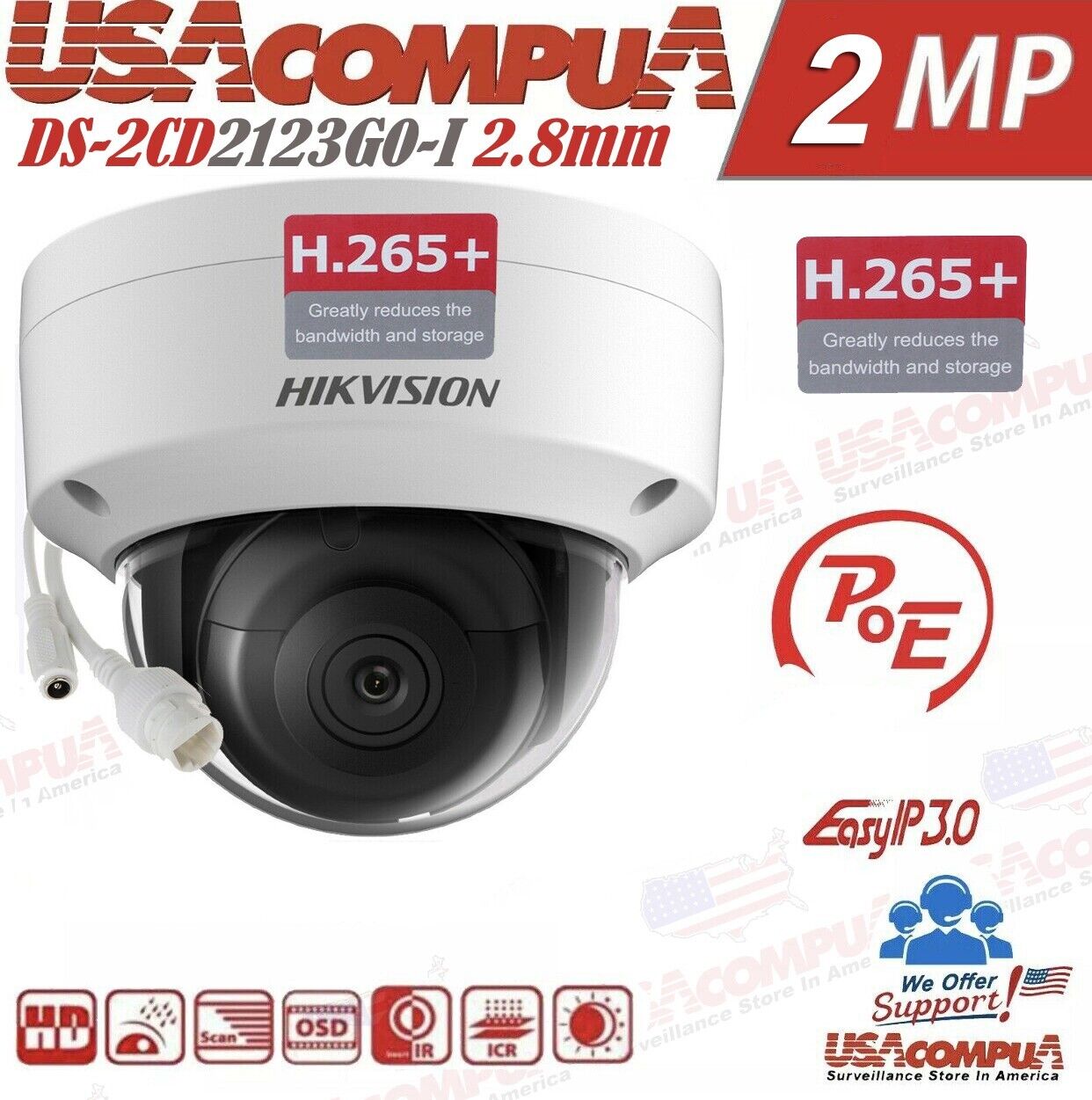 Hikvision DS-2CD2123G0-IS OPTIONAL MIC 2MP Outdoor WDR Fixed Dome Network Camera