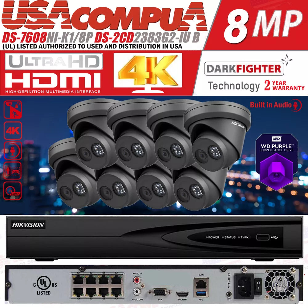 HIKVISION 4K 8MP NVR 8CH DS-7608NI-K1/8P / DS-2CD2383G2-IU IP Camera System Lo