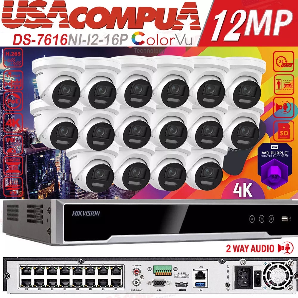 Hikvision 4K 16CH 12MP CCTV Security Camera System ColorVu W/Audio 2 Way Audio