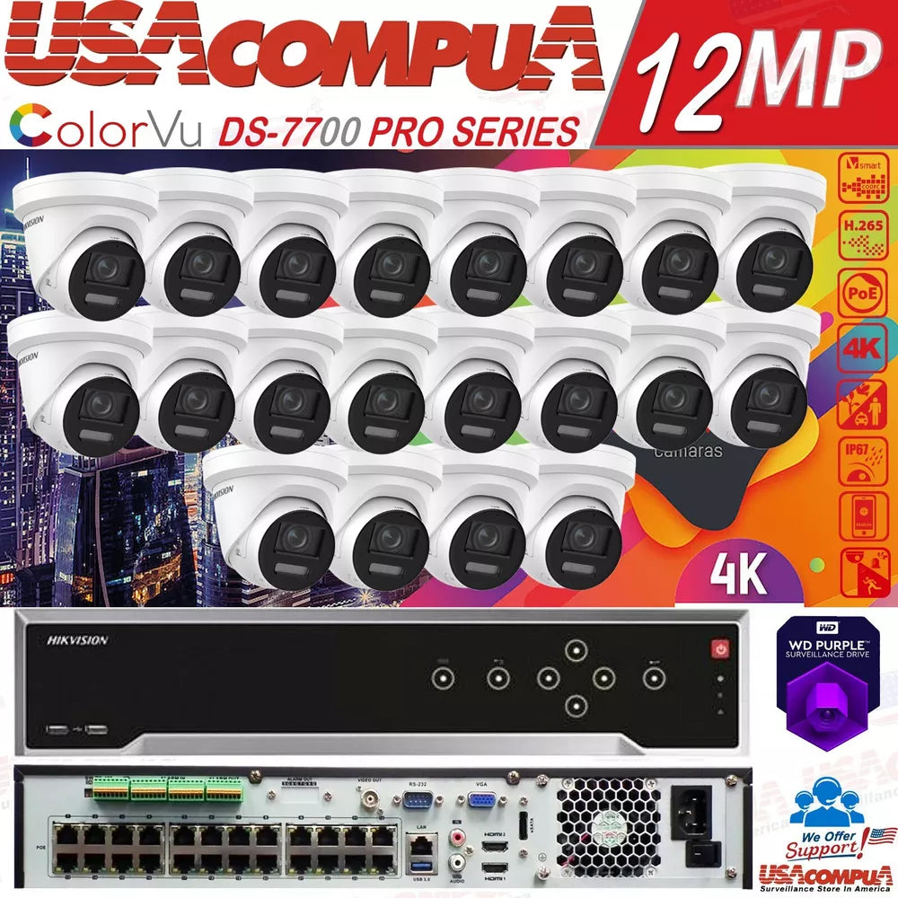 HIKVISION 32CH 4K 12MP 16TB SECURITY CAMERA 24POE TURRET COLORVU TWO WAY AUDIO