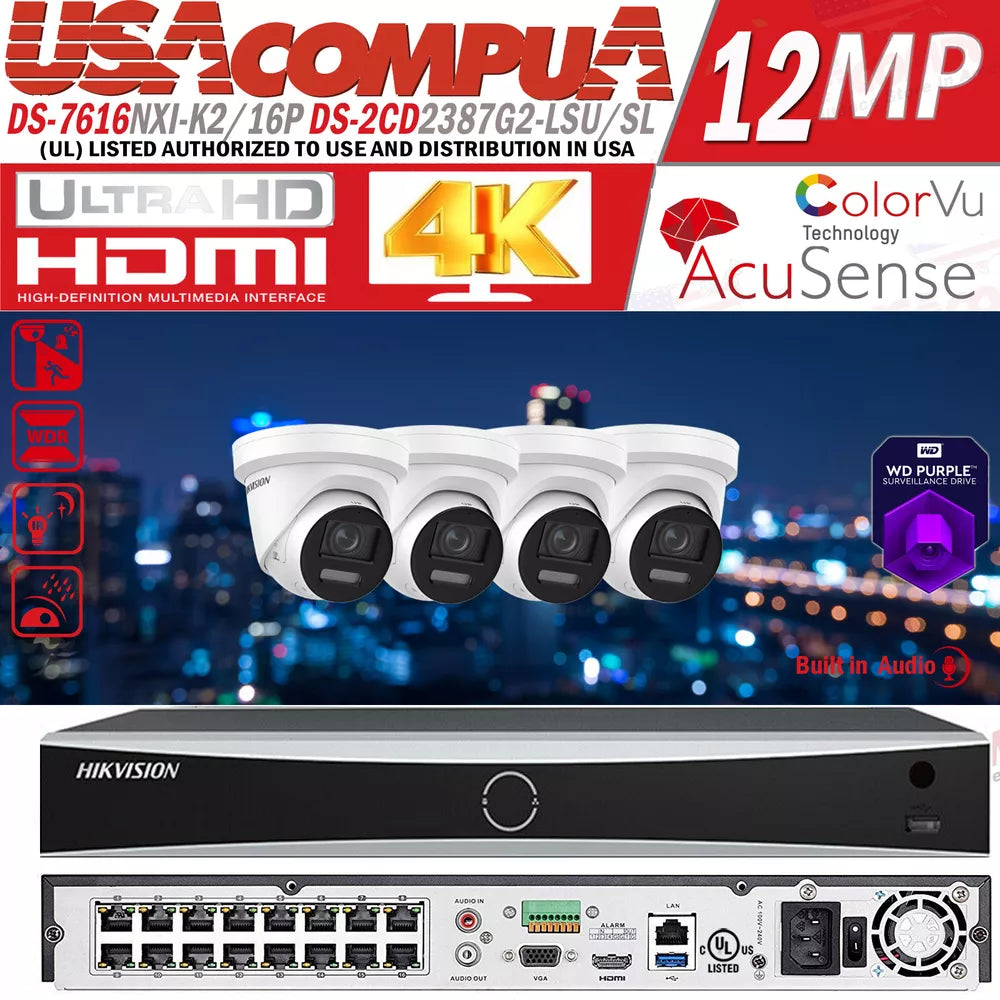 Hikvision 4K 16CH IP Security Camera System Kit 2-Way Audio ColorVu 8MP Lot D1