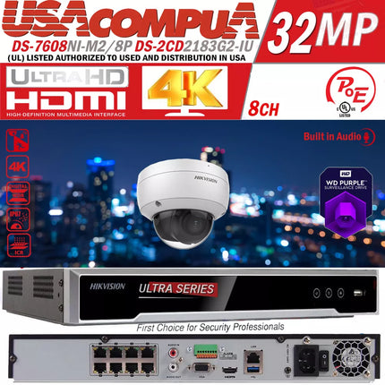 Hikvision 8CH 32MP Security ip Camera System W/ 8MP Dome DS-2CD2183G2-IU