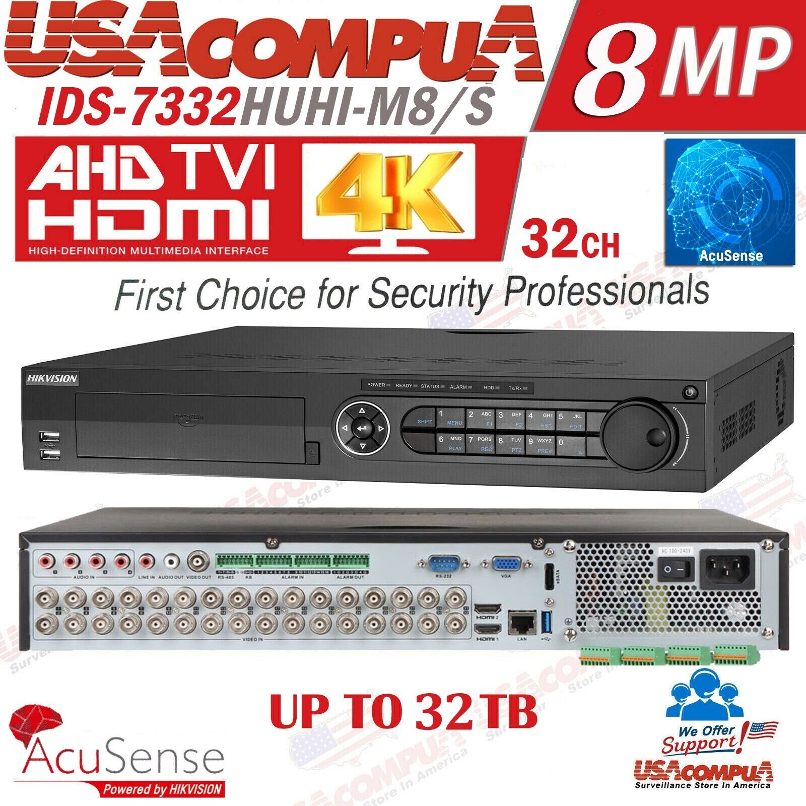 Hikvision 32CH 8MP DVR iDS-7332HUHI-M4/S 32 Channel 4K ACUSENSE 32CH/AUDIO