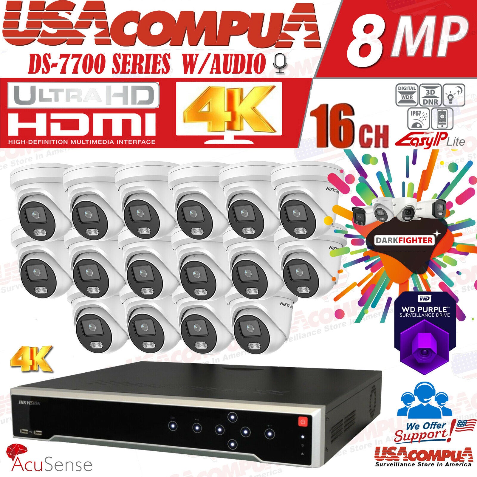 4K Security Camera System 8mp 32CH DS-2CD2386G2-LU AcuSense 8TB