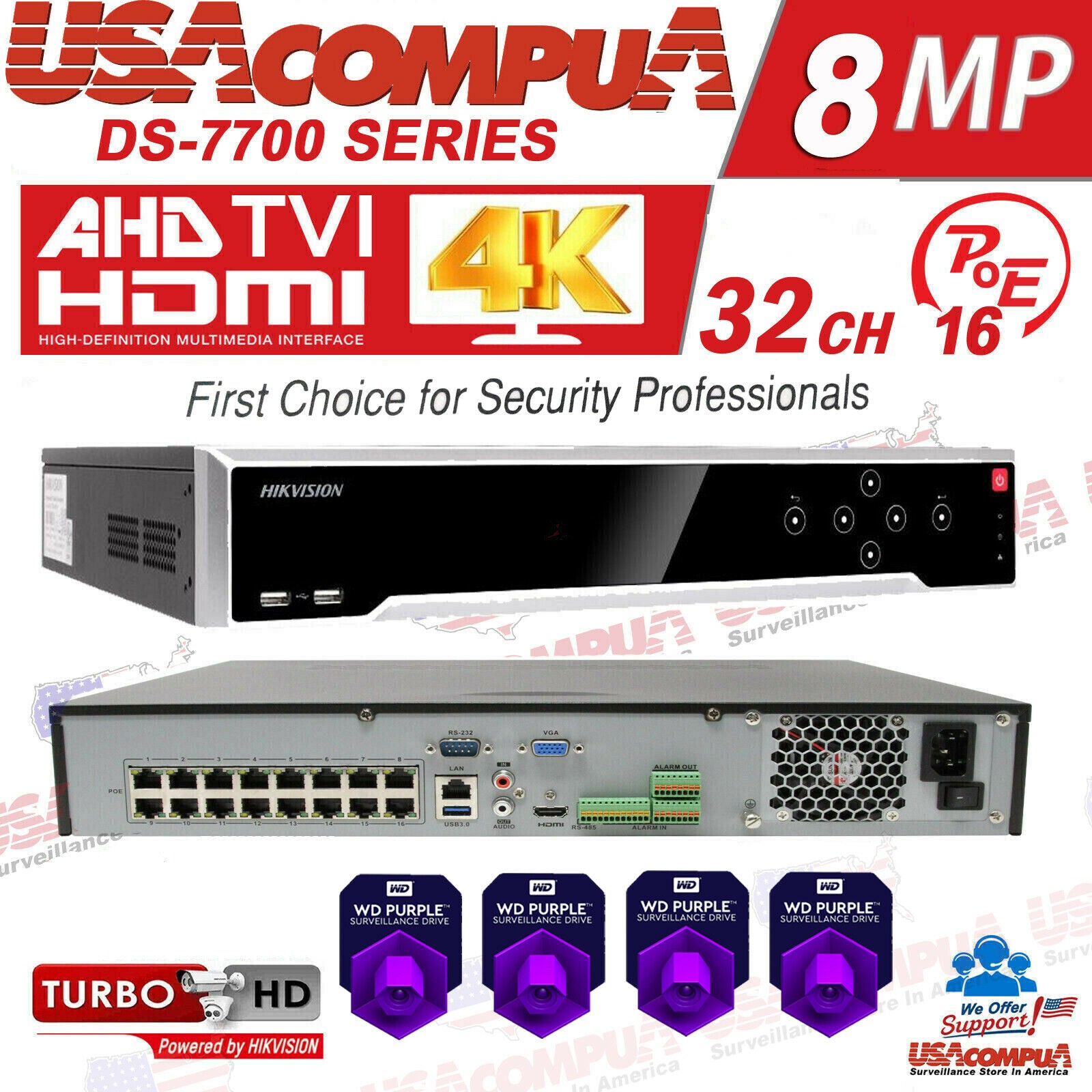 Hikvision DS-7732NI-K4/16p 4SATA (UP TO 32TB HDD ) H265+ 4K 32 CH NVR 16 PoE 8M