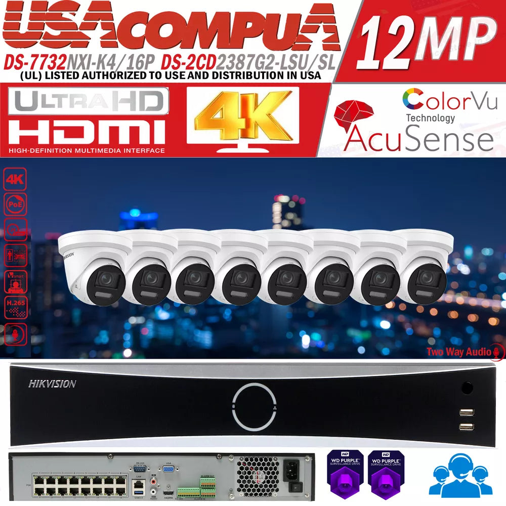 Hikvision 32CH 16POE NVR 8MP DS-2CD2387G2-LSU/SL IP Camera System ColorVu Lot D2