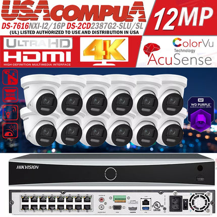 Hikvision 16CH 4K 8MP Colorvu IP Camera MIC Speaker PoE 12MP NVR CCTV System Lo