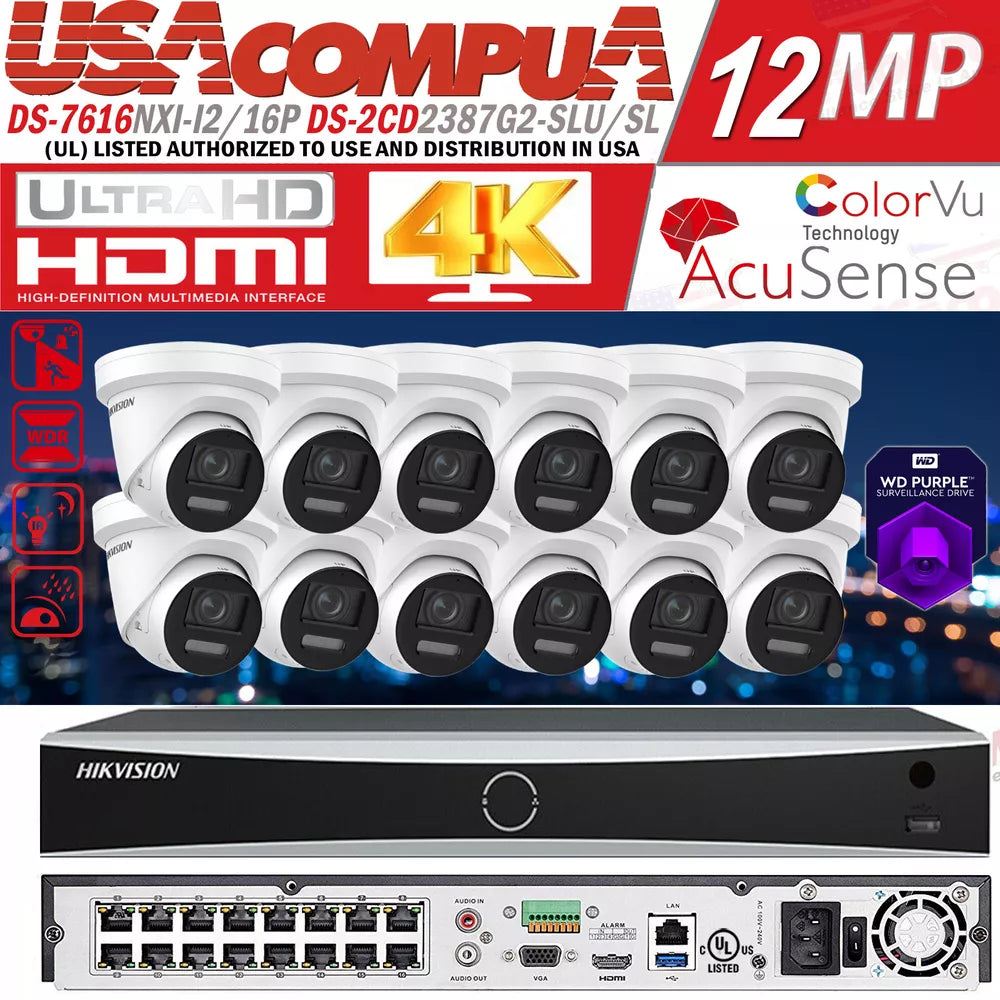 Hikvision 16CH 4K 8MP Colorvu IP Camera MIC Speaker PoE 12MP NVR CCTV System Lo