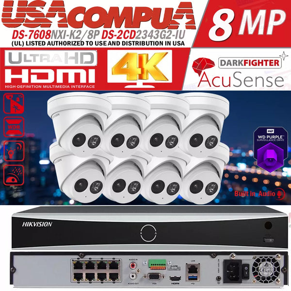 Hikvision 8CH 8POE IP Camera System 4K NVR DS-2CD2343G2-LU 4MP ColorVu Lot