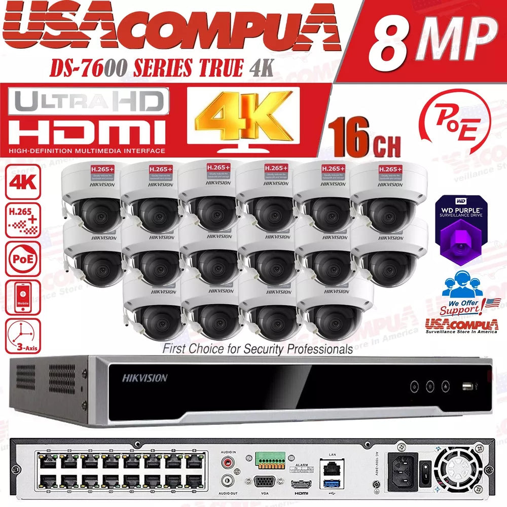 Hikvision NVR 4K 16CH 8MP 16 POE + Security IP Camera System DS-2CD2183G2-I Lot