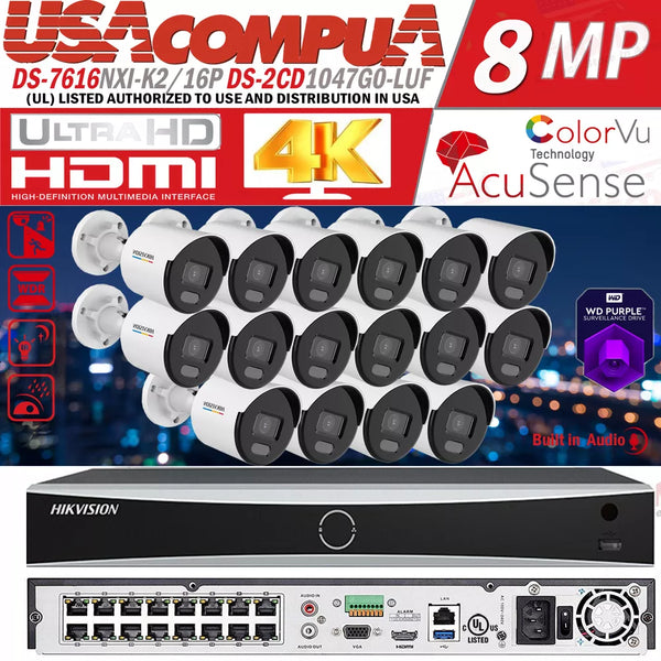 Hikvision 8MP 16CH NVR ColorVu IP Camera system DS-2CD1047G0-LUF W/Audio Lot