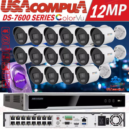 Hikvision 4K 16CH IP Camera System Home Security W/4MP Bullet ColorVu W/Audio