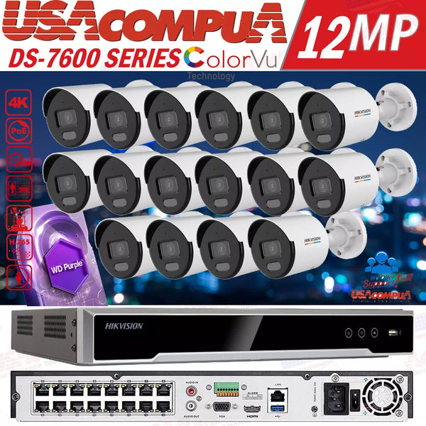 Hikvision 4K 16CH IP Camera System Home Security W/4MP Bullet ColorVu W/Audio