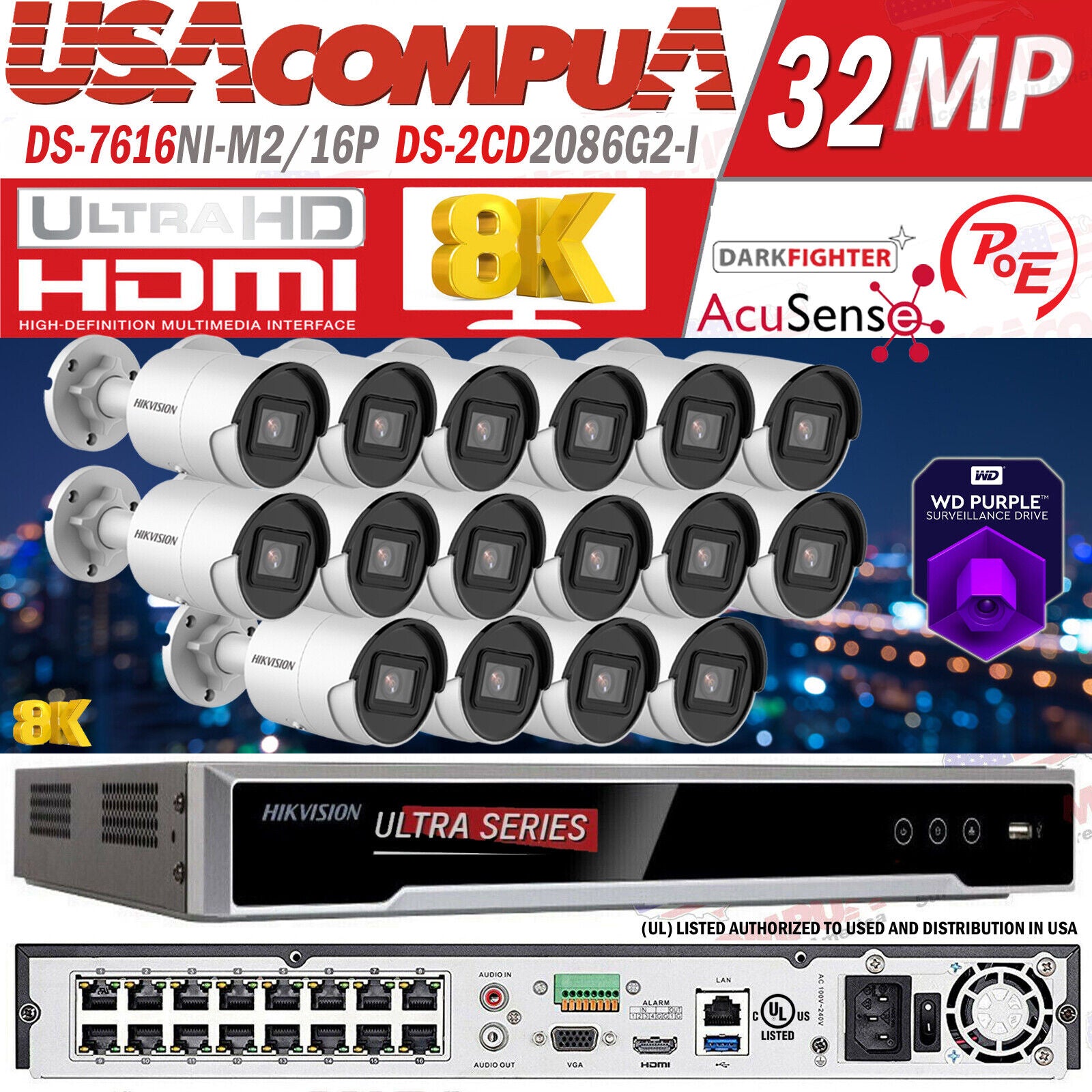 Hikvision 8K 16ch IP PoE Security System 4K AcuSense Mini Bullet 8