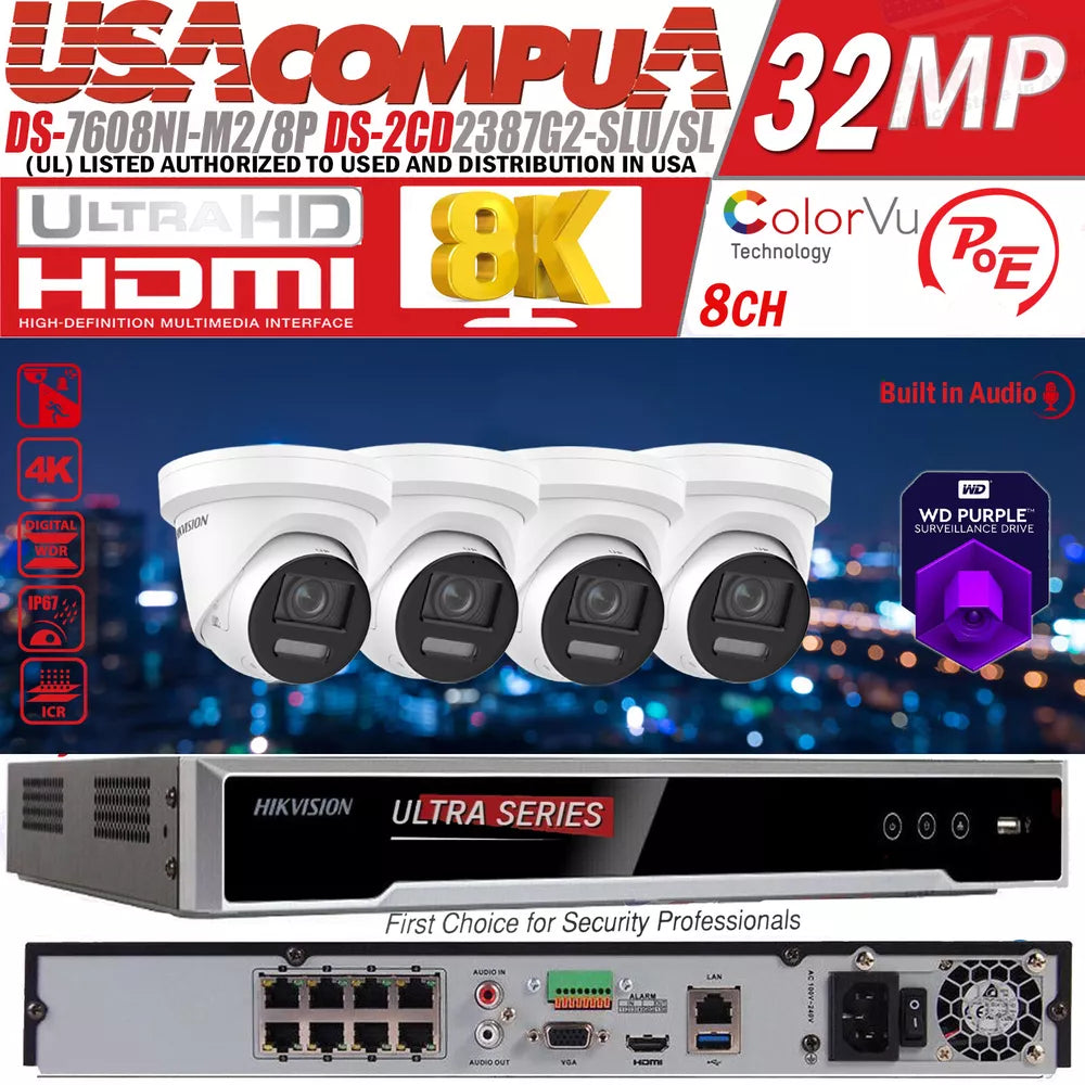 Hikvision 8 Channel 8K Ultra ColorVu Security Camera System 2-Way Audio 2.8m Lo