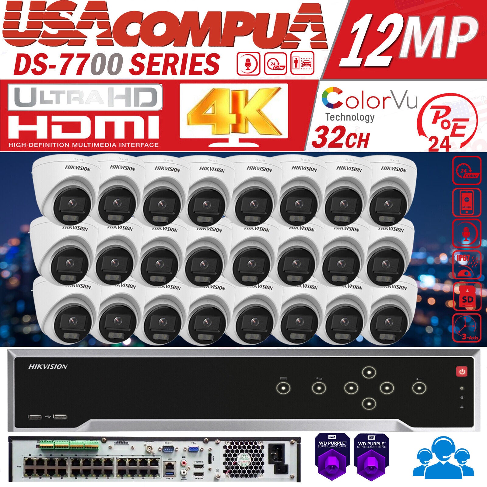 HIKVISION 32CH 4K IP SECURITY CAMERA SYSTEM 12MP DS-2CD1347G0-LUF COLORVU 4MP