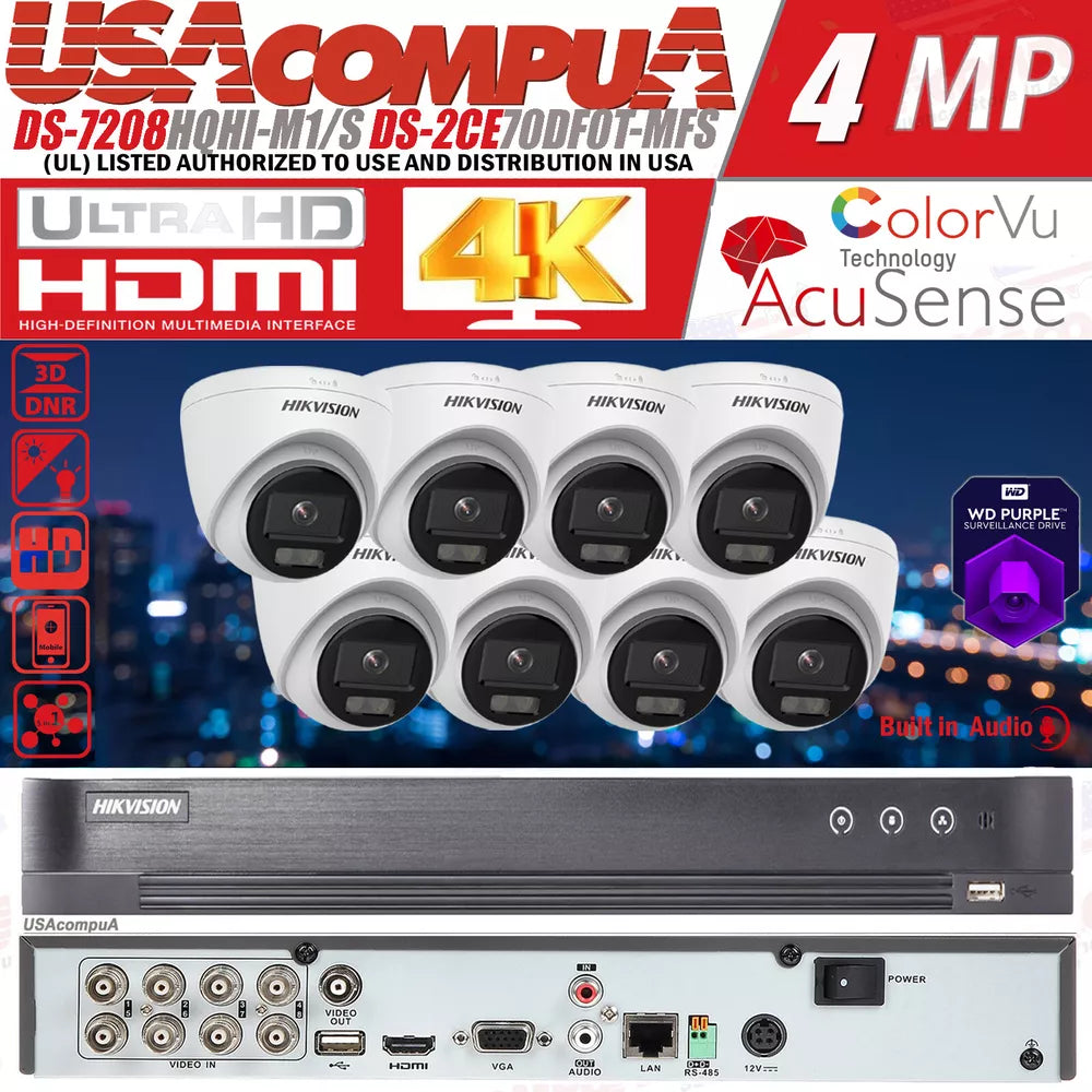 HIKVISION 4K Security Camera System CCTV Kit 2MP 8CH Turbo ColorVu 1080P W/Audi