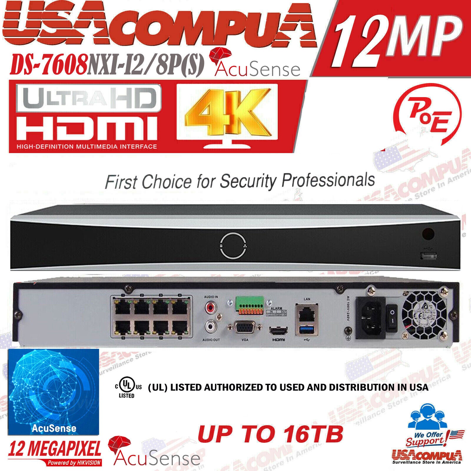 Hikvision NVR 4K 8CH Security IP Camera System 12MP AcuSense DS-2CD2383G2-IU