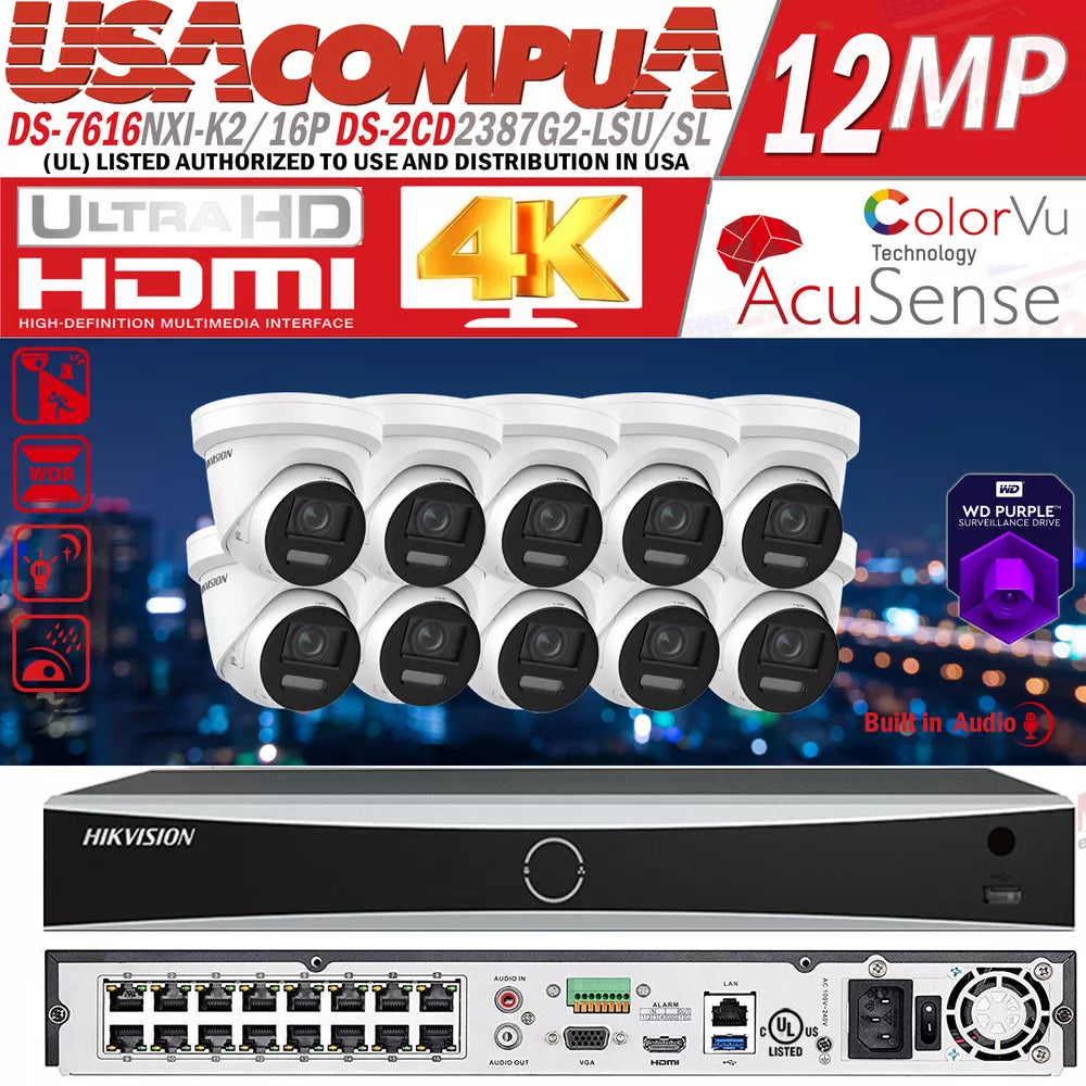 Hikvision 4K 16CH Security CCTV System Kit 8MP Built In Audio ColorVu IP Camera D1