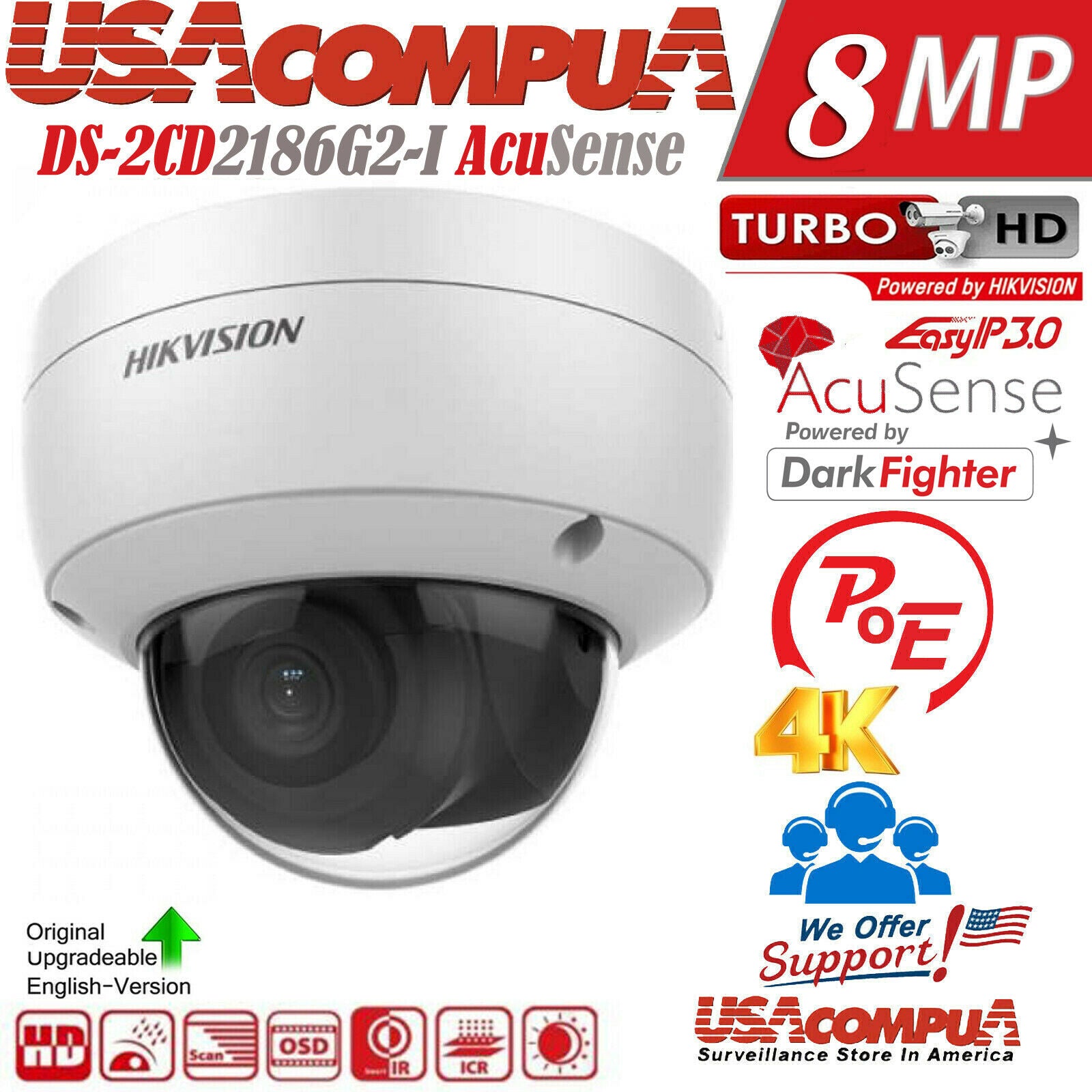Hikvision DS-2CD2186G2-I 8MP 4K POE IP CAMERA 8 MEGAPIXEL AcuSense DARKFIHTER