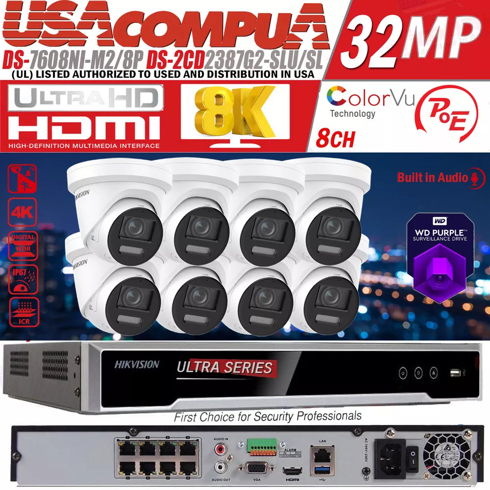 Hikvision 8 Channel 8K Ultra ColorVu Security Camera System 2-Way Audio 2.8m Lo