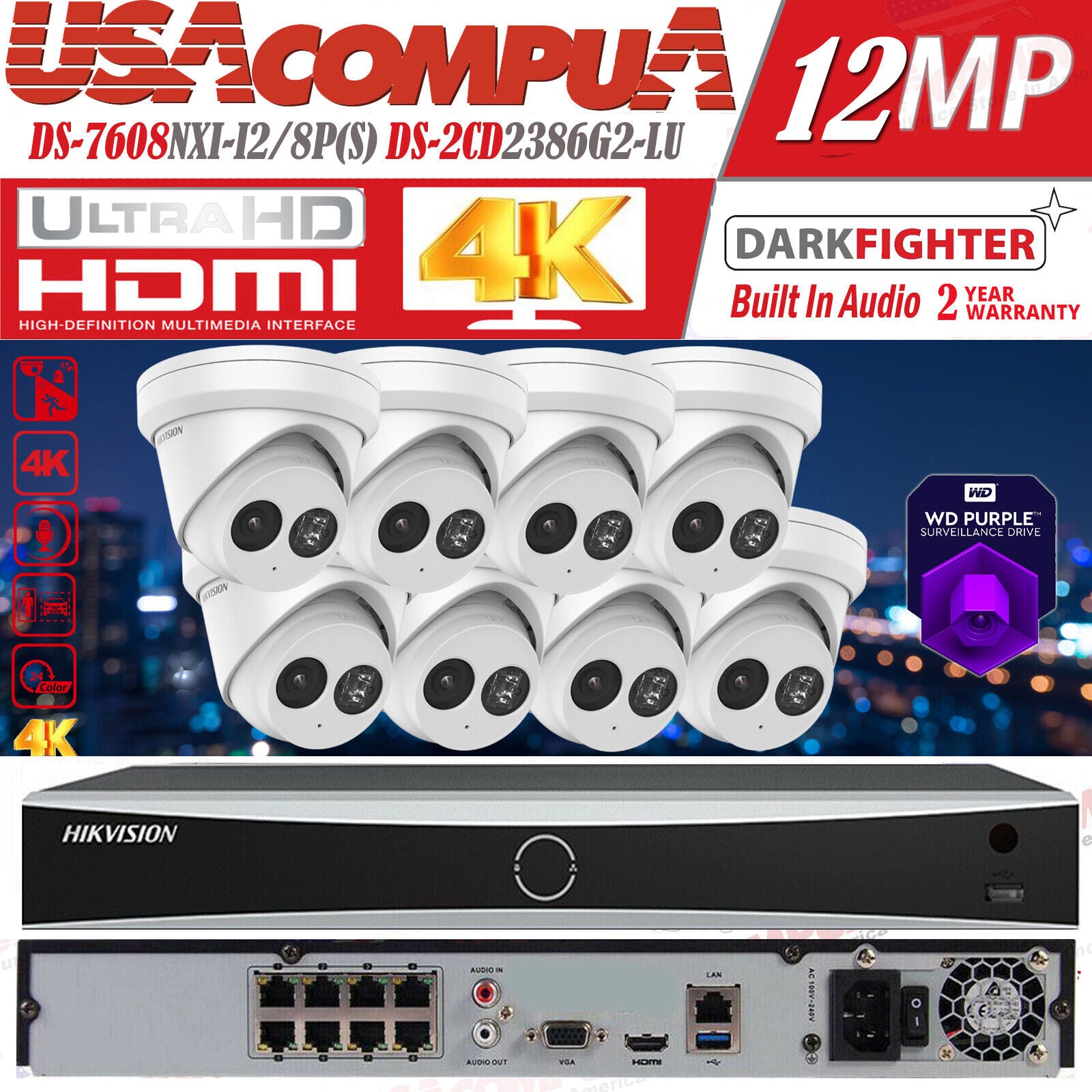 Hikvision NVR 4K 8CH Security IP Camera System 12MP AcuSense DS-2CD2383G2-IU