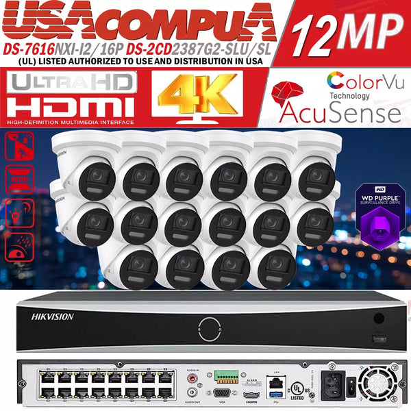 Hikvision 16CH 4K 8MP Colorvu IP Camera MIC Speaker PoE 12MP NVR CCTV System Lo