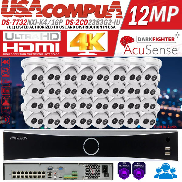 Hikvision 32CH 16POE NVR 4K 8MP Turret Security IP Camera System DarkFighter Lo