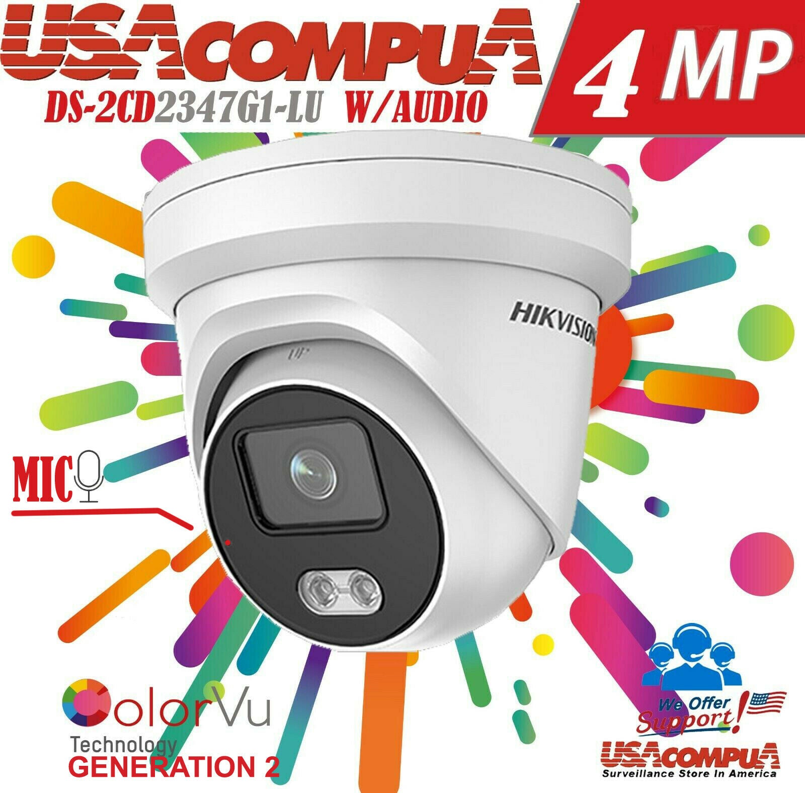 Hikvision DS-2CD2347G2-LU Full-Color ColorVu+AcuSense 4MP IP Camera Mic PoE