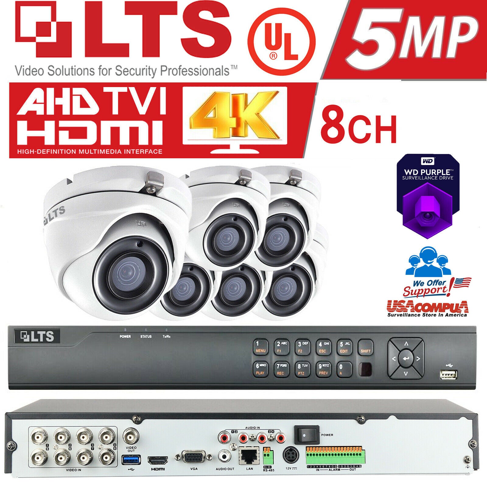 LTS + Hikvision 8 Ch 6 Cameras Security System Kit 5MP H.265+ HD-TVI 4K-UHD HDD