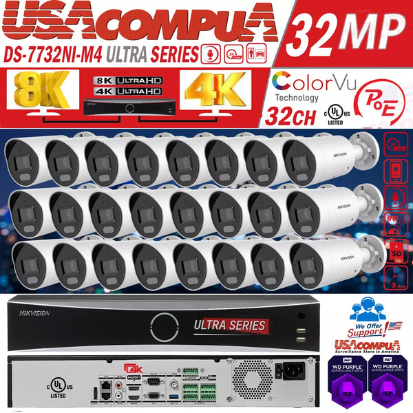 Hikvision 32CH NVR 8K 32MP 16POE Bullet 4MP Security Camera System W/Audio Lo