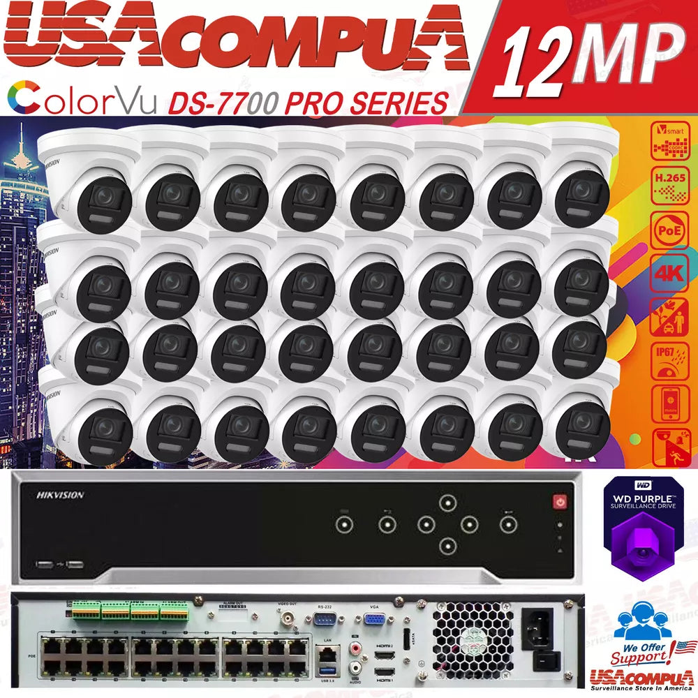 HIKVISION 4K 32CH 12MP CCTV IP SECURITY CAMERA 24 PoE TURRET COLORVU 2 WAY AUDIO D1