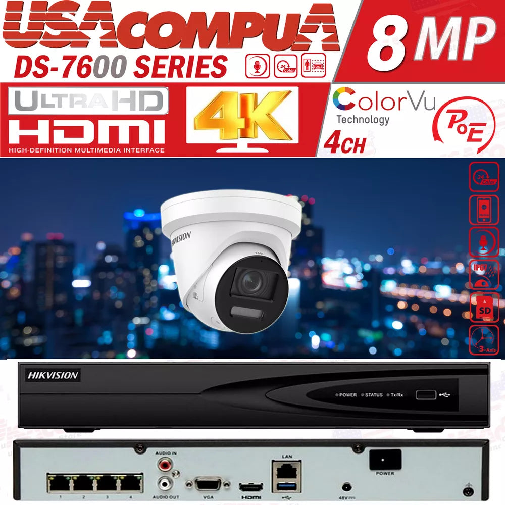 Hikvision 4CH 8MP IP CCTV Camera System PoE NVR 4K PColorVu 2 Way Audio