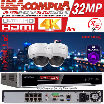 Hikvision 8CH 32MP Security ip Camera System W/ 8MP Dome DS-2CD2183G2-IU